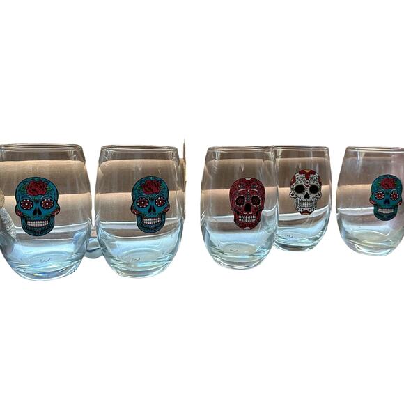 Sugar Skull Day of the Dead Glass Tumblers Stemless Glass Wine Glasses Set of 5 - Picture 1 of 3